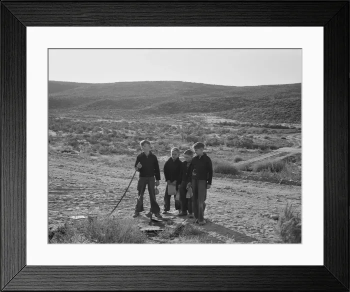 Framed Print : Boys wait for school bus in the morning, Malheur County, Oregon, 1939. Creator: Dorothea Lange Framed Print : Boys wait for school bus in the morning, Malheur County, Oregon, 1939. Creator: Dorothea Lange