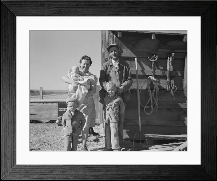 Framed Print : The Schroeder family on their new farm, Dead Ox Flat, Malheur County, Oregon, 1939. Creator: Dorothea Lange Framed Print : The Schroeder family on their new farm, Dead Ox Flat, Malheur County, Oregon, 1939. Creator: Dorothea Lange