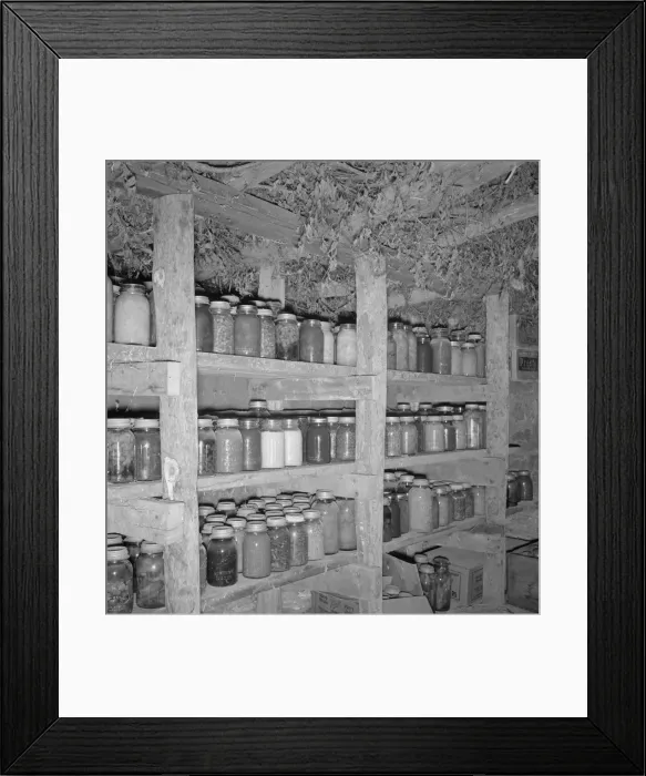 Framed Print : Mrs. Wardlow has 500 quarts of food in her dugout cellar, Dead Ox Flat, Malheur County, Oregon, 1939 Creator: Dorothea Lange Framed Print : Mrs. Wardlow has 500 quarts of food in her dugout cellar, Dead Ox Flat, Malheur County, Oregon, 1939 Creator: Dorothea Lange