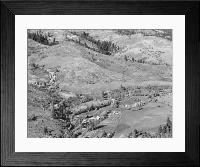 Framed Print : Looking down on Ola self-help co-op mill showing the upper end of Squaw... Gem County, Idaho, 1939. Creator: Dorothea Lange Framed Print : Looking down on Ola self-help co-op mill showing the upper end of Squaw... Gem County, Idaho, 1939. Creator: Dorothea Lange