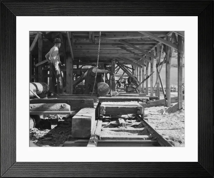 Framed Print : Possibly: The sawmill in operation, Ola self-help sawmill co-op, Gem County, Idaho, 1939. Creator: Dorothea Lange Framed Print : Possibly: The sawmill in operation, Ola self-help sawmill co-op, Gem County, Idaho, 1939. Creator: Dorothea Lange