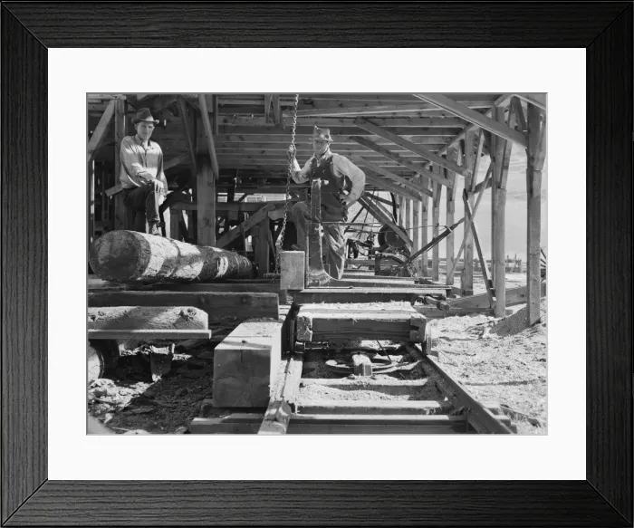 Framed Print : The sawmill carriage and log turner... Ola self-help sawmill co-op, Gem County, Idaho, 1939. Creator: Dorothea Lange Framed Print : The sawmill carriage and log turner... Ola self-help sawmill co-op, Gem County, Idaho, 1939. Creator: Dorothea Lange