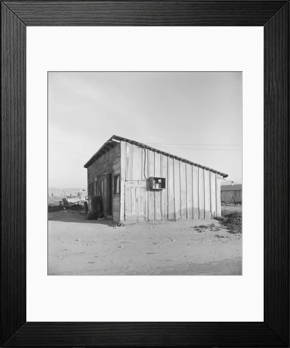 Framed Print : Cabin which rents for ten dollars a month in Arkansawyers auto camp, Greenfield, CA, 1939. Creator: Dorothea Lange Framed Print : Cabin which rents for ten dollars a month in Arkansawyers auto camp, Greenfield, CA, 1939. Creator: Dorothea Lange