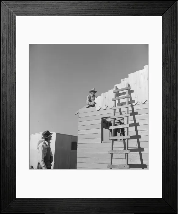 Framed Print : Father and son, recent migrants to California, building house, Salinas, California, 1939. Creator: Dorothea Lange Framed Print : Father and son, recent migrants to California, building house, Salinas, California, 1939. Creator: Dorothea Lange