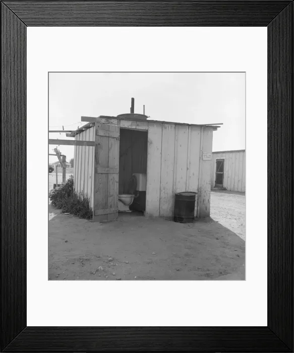 Framed Print : Toilet for ten cabins, men, women, and children, Arkansawyers auto camp, Greenfield, CA, 1939. Creator: Dorothea Lange Framed Print : Toilet for ten cabins, men, women, and children, Arkansawyers auto camp, Greenfield, CA, 1939. Creator: Dorothea Lange