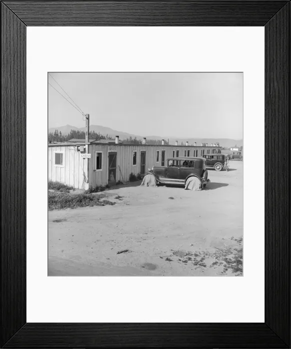 Framed Print : Ten cabins which rent for ten dollars... Arkansawyers... camp, Greenfield, Salinas Valley, CA, 1939. Creator: Dorothea Lange Framed Print : Ten cabins which rent for ten dollars... Arkansawyers... camp, Greenfield, Salinas Valley, CA, 1939. Creator: Dorothea Lange