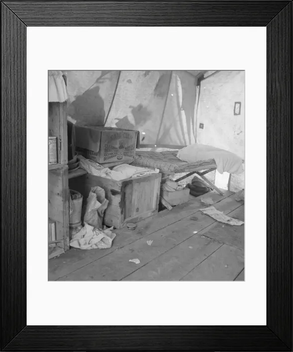 Framed Print : Tent interior in a pea pickers camp, Santa Clara County, California, 1939. Creator: Dorothea Lange Framed Print : Tent interior in a pea pickers camp, Santa Clara County, California, 1939. Creator: Dorothea Lange
