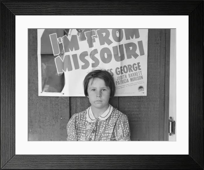 Framed Print : Advertisement for current movie in town, Westley, California, 1939. Creator: Dorothea Lange Framed Print : Advertisement for current movie in town, Westley, California, 1939. Creator: Dorothea Lange