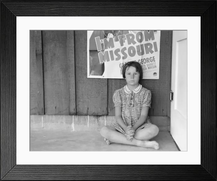 Framed Print : Advertisement for current movie in town, Westley, California, 1939. Creator: Dorothea Lange Framed Print : Advertisement for current movie in town, Westley, California, 1939. Creator: Dorothea Lange