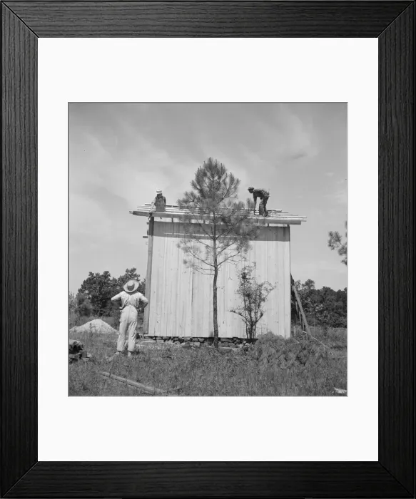 Framed Print : Building plank tobacco barn to replace old log one, near Chapel Hill, North Carolina, 1939 Creator: Dorothea Lange Framed Print : Building plank tobacco barn to replace old log one, near Chapel Hill, North Carolina, 1939 Creator: Dorothea Lange