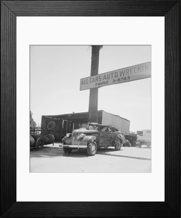 Framed Print : Used car lots and auto wrecking establishments, U. S. 99, Near Tulare, California, 1939. Creator: Dorothea Lange Framed Print : Used car lots and auto wrecking establishments, U. S. 99, Near Tulare, California, 1939. Creator: Dorothea Lange