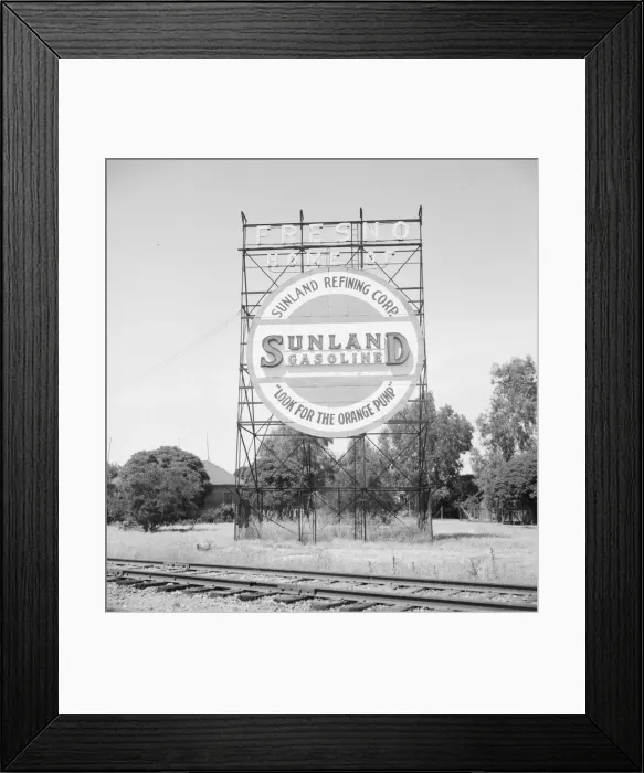Framed Print : Illuminated sign, approaching San Joaquin Valley town, outskirts of Fresno, on U. S. 99, CA, 1939. Creator: Dorothea Lange Framed Print : Illuminated sign, approaching San Joaquin Valley town, outskirts of Fresno, on U. S. 99, CA, 1939. Creator: Dorothea Lange