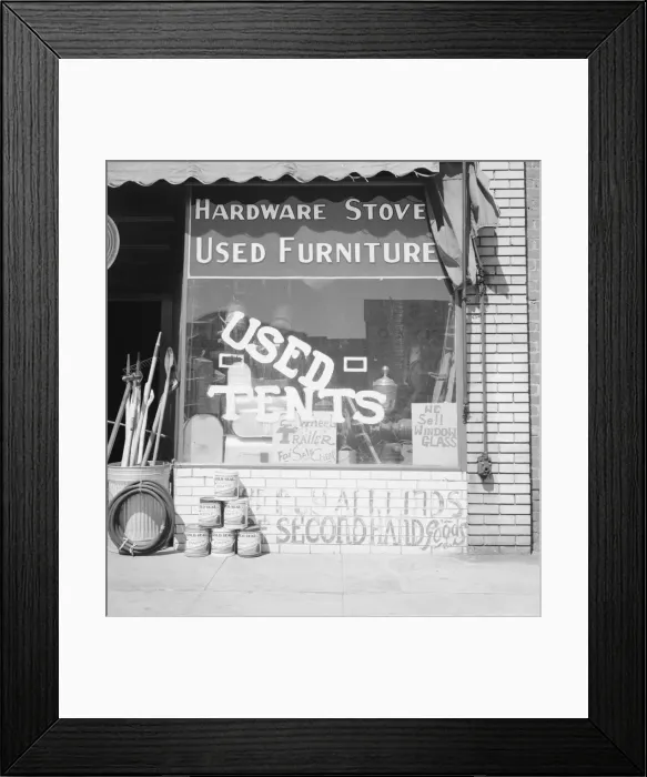 Framed Print : Storefront of San Joaquin Valley town, Fresno, on U. S. 99, California, 1939. Creator: Dorothea Lange Framed Print : Storefront of San Joaquin Valley town, Fresno, on U. S. 99, California, 1939. Creator: Dorothea Lange