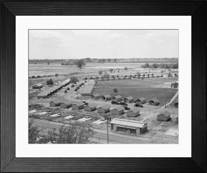 Framed Print : Three units of the camp, each with its sanitary... Farmersville, Tulare County, CA, 1939. Creator: Dorothea Lange Framed Print : Three units of the camp, each with its sanitary... Farmersville, Tulare County, CA, 1939. Creator: Dorothea Lange