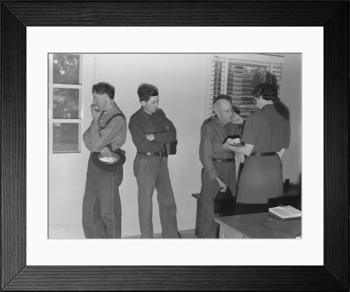 Framed Print : Sons, migratory workers, bring father... to the camp clinic, FSA camp, Tulare County, CA, 1939. Creator: Dorothea Lange Framed Print : Sons, migratory workers, bring father... to the camp clinic, FSA camp, Tulare County, CA, 1939. Creator: Dorothea Lange