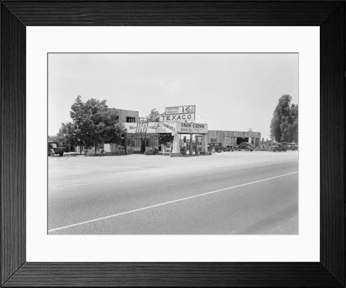 Framed Print : Small independent gas stations litter the highway, near Kingsburg, California, 1939. Creator: Dorothea Lange Framed Print : Small independent gas stations litter the highway, near Kingsburg, California, 1939. Creator: Dorothea Lange