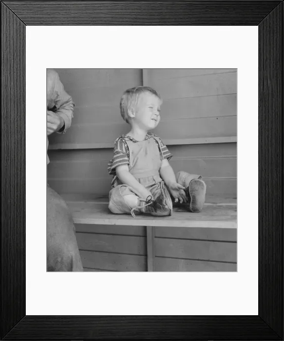 Framed Print : Baby with club feet wearing homemade splints, FSA camp, Tulare County, California, 1939. Creator: Dorothea Lange Framed Print : Baby with club feet wearing homemade splints, FSA camp, Tulare County, California, 1939. Creator: Dorothea Lange