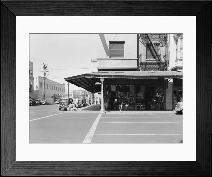 Framed Print : Secondhand store, street corner of San Joaquin Valley town on U. S. 99, Fresno, CA, 1939. Creator: Dorothea Lange Framed Print : Secondhand store, street corner of San Joaquin Valley town on U. S. 99, Fresno, CA, 1939. Creator: Dorothea Lange