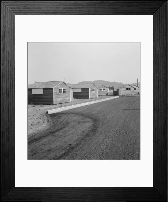 Framed Print : Shows new type of wooden shelter for migratory workers, near McMinnville, Oregon, 1939. Creator: Dorothea Lange Framed Print : Shows new type of wooden shelter for migratory workers, near McMinnville, Oregon, 1939. Creator: Dorothea Lange