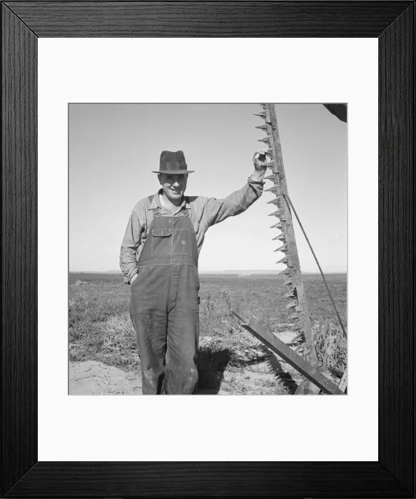 Framed Print : Farmer in his field getting ready to mow hay, Dead Ox Flat, Oregon, 1939. Creator: Dorothea Lange Framed Print : Farmer in his field getting ready to mow hay, Dead Ox Flat, Oregon, 1939. Creator: Dorothea Lange