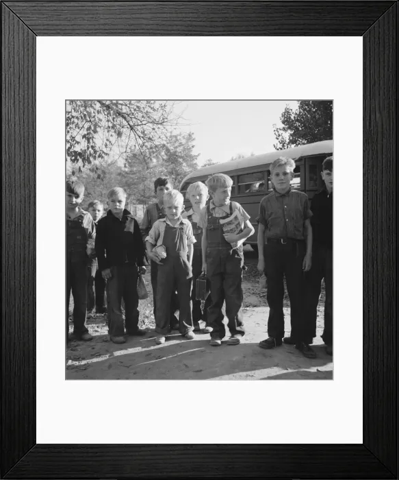 Framed Print : The children from Dead Ox Flat get off bus at school yard, Ontario, Malheur County, Oregon, 1939. Creator: Dorothea Lange Framed Print : The children from Dead Ox Flat get off bus at school yard, Ontario, Malheur County, Oregon, 1939. Creator: Dorothea Lange