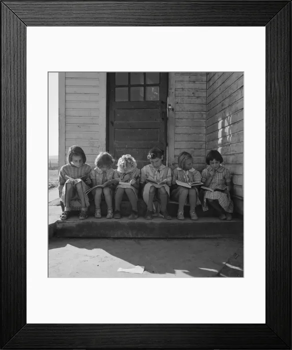Framed Print : Girls of Lincoln Bench School study their reading lesson, near Ontario, Malheur County, Oregon, 1939 Creator: Dorothea Lange Framed Print : Girls of Lincoln Bench School study their reading lesson, near Ontario, Malheur County, Oregon, 1939 Creator: Dorothea Lange