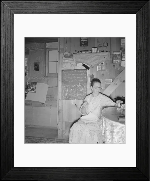 Framed Print : Mrs. Hull in one-room dugout basement home, Dead Ox Flat, Malheur County, Oregon, 1939. Creator: Dorothea Lange Framed Print : Mrs. Hull in one-room dugout basement home, Dead Ox Flat, Malheur County, Oregon, 1939. Creator: Dorothea Lange