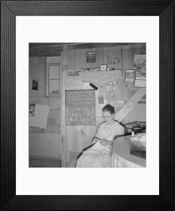 Framed Print : Mrs. Hull in one-room dugout basement home, Dead Ox Flat, Malheur County, Oregon, 1939. Creator: Dorothea Lange Framed Print : Mrs. Hull in one-room dugout basement home, Dead Ox Flat, Malheur County, Oregon, 1939. Creator: Dorothea Lange