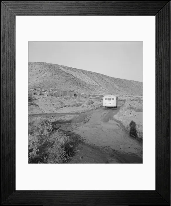 Framed Print : School bus starts up the flat 7: 30 a.m. to collect children of new... Malheur County, Oregon, 1939. Creator: Dorothea Lange Framed Print : School bus starts up the flat 7: 30 a.m. to collect children of new... Malheur County, Oregon, 1939. Creator: Dorothea Lange
