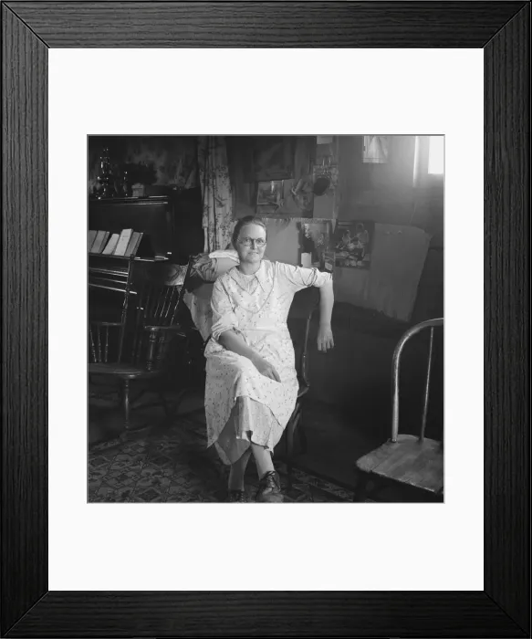 Framed Print : Mrs. Hull in one-room dugout basement home, Dead Ox Flat, Malheur County, Oregon, 1939. Creator: Dorothea Lange Framed Print : Mrs. Hull in one-room dugout basement home, Dead Ox Flat, Malheur County, Oregon, 1939. Creator: Dorothea Lange