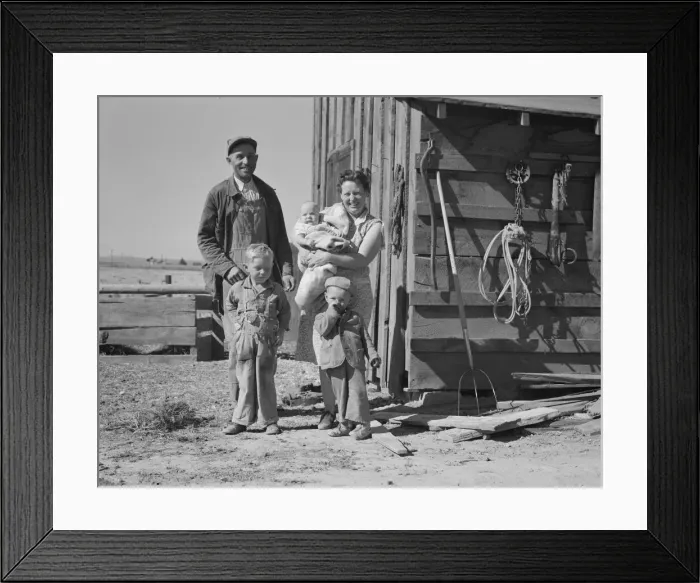 Framed Print : The Schroeder family on their new farm, Dead Ox Flat, Malheur County, Oregon, 1939. Creator: Dorothea Lange Framed Print : The Schroeder family on their new farm, Dead Ox Flat, Malheur County, Oregon, 1939. Creator: Dorothea Lange