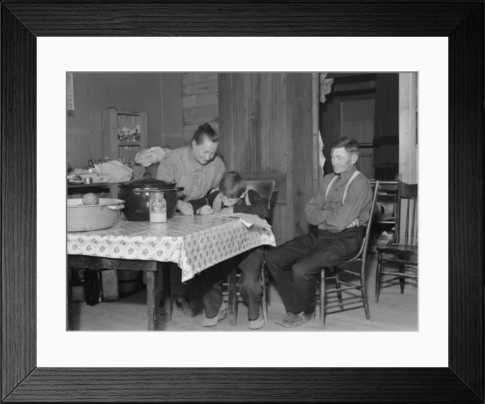 Framed Print : The Wardlow family in their dugout basement home on Sunday, Dead Ox Flat, Oregon, 1939. Creator: Dorothea Lange Framed Print : The Wardlow family in their dugout basement home on Sunday, Dead Ox Flat, Oregon, 1939. Creator: Dorothea Lange