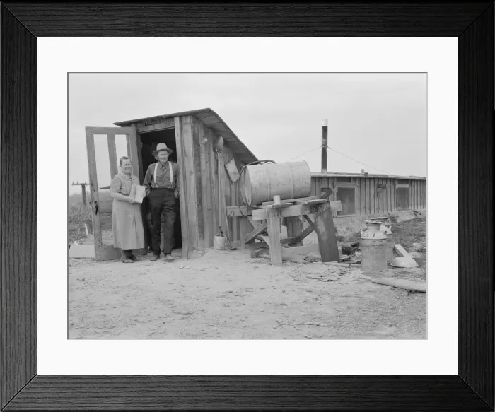 Framed Print : Mr. and Mrs. Wardlow at entrance to their dugout basement home, Dead Ox Flat, Oregon, 1939 Creator: Dorothea Lange Framed Print : Mr. and Mrs. Wardlow at entrance to their dugout basement home, Dead Ox Flat, Oregon, 1939 Creator: Dorothea Lange