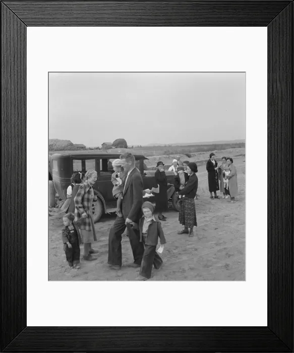 Framed Print : Congregation leaving after services, preacher in doorway, Dead Ox Flat, Oregon, 1939. Creator: Dorothea Lange Framed Print : Congregation leaving after services, preacher in doorway, Dead Ox Flat, Oregon, 1939. Creator: Dorothea Lange