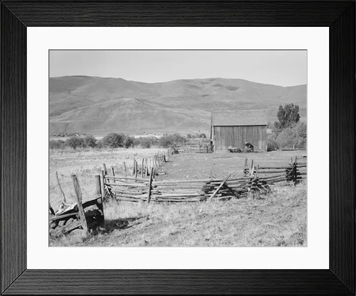 Framed Print : Farmyard in Squaw Creek Valley, Ola self-help sawmill co-op, Gem County, Idaho, 1939. Creator: Dorothea Lange Framed Print : Farmyard in Squaw Creek Valley, Ola self-help sawmill co-op, Gem County, Idaho, 1939. Creator: Dorothea Lange