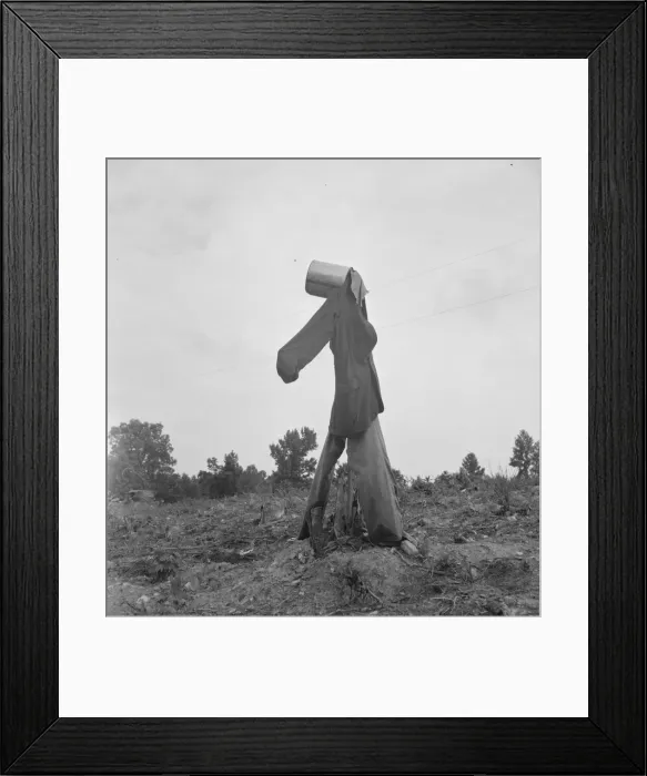 Framed Print : Possibly: Scarecrow on a newly cleared field with stumps near Roxboro, North Carolina, 1939. Creator: Dorothea Lange Framed Print : Possibly: Scarecrow on a newly cleared field with stumps near Roxboro, North Carolina, 1939. Creator: Dorothea Lange