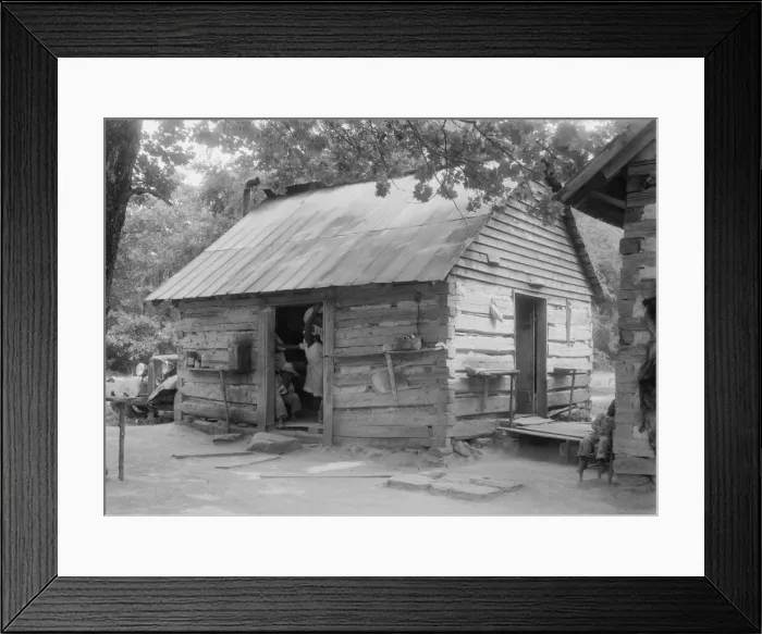 Framed Print : Double log cabin of Negro share tenants who raise tobacco, Person County, North Carolina, 1939. Creator: Dorothea Lange Framed Print : Double log cabin of Negro share tenants who raise tobacco, Person County, North Carolina, 1939. Creator: Dorothea Lange