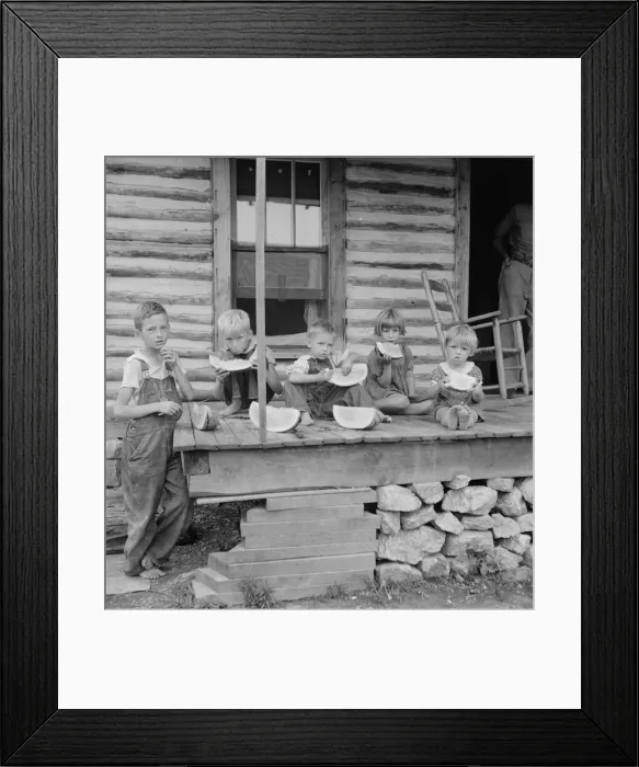 Framed Print : Millworkers children eating watermelon on porch of rented house, Person County, N Carolina, 1939. Creator: Dorothea Lange Framed Print : Millworkers children eating watermelon on porch of rented house, Person County, N Carolina, 1939. Creator: Dorothea Lange