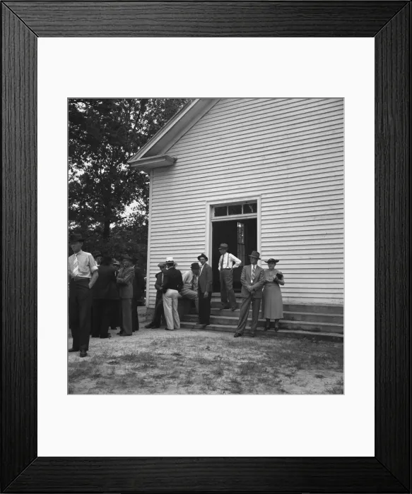 Framed Print : Congregation entering church, Wheeleys Church, Person County, North Carolina, 1939. Creator: Dorothea Lange Framed Print : Congregation entering church, Wheeleys Church, Person County, North Carolina, 1939. Creator: Dorothea Lange