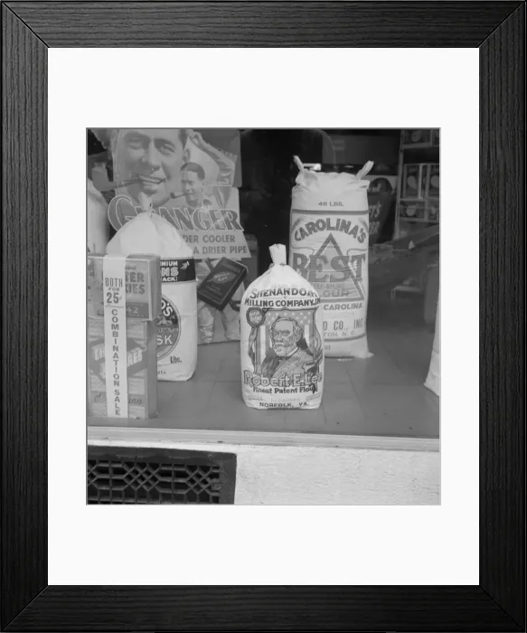 Framed Print : Grocery store window, Mebane, North Carolina, 1939. Creator: Dorothea Lange Framed Print : Grocery store window, Mebane, North Carolina, 1939. Creator: Dorothea Lange