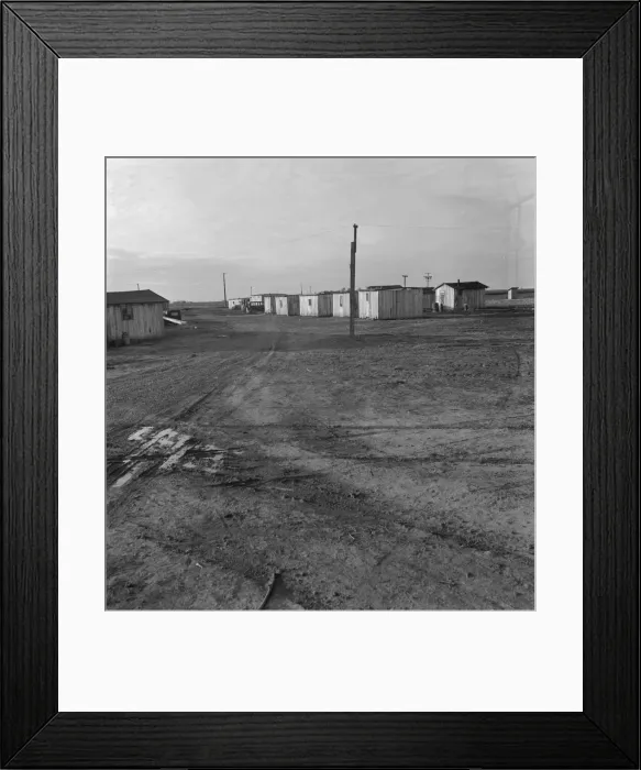 Framed Print : Newly-built cabins, rent five dollars per month, near Bakersfield, California, 1939. Creator: Dorothea Lange Framed Print : Newly-built cabins, rent five dollars per month, near Bakersfield, California, 1939. Creator: Dorothea Lange