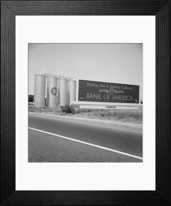Framed Print : Highway gas tanks and signboard approaching town, between Tulare and Fresno on U. S. 99, 1939. Creator: Dorothea Lange Framed Print : Highway gas tanks and signboard approaching town, between Tulare and Fresno on U. S. 99, 1939. Creator: Dorothea Lange