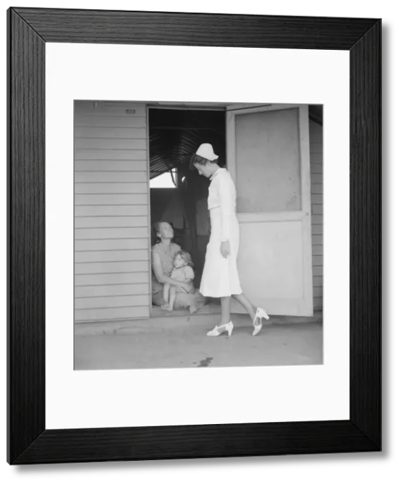Framed Print : Resident nurse come to visit family, FSA camp, Farmersville, Tulare County, 1939. Creator: Dorothea Lange Framed Print : Resident nurse come to visit family, FSA camp, Farmersville, Tulare County, 1939. Creator: Dorothea Lange