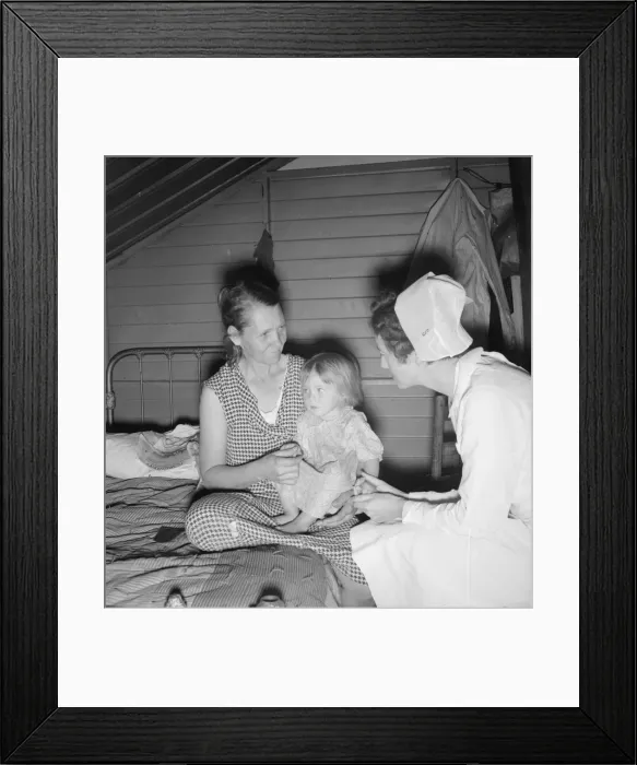 Framed Print : Resident nurse interviews mother and examines sick baby, FSA camp, Farmersville, CA, 1939. Creator: Dorothea Lange Framed Print : Resident nurse interviews mother and examines sick baby, FSA camp, Farmersville, CA, 1939. Creator: Dorothea Lange