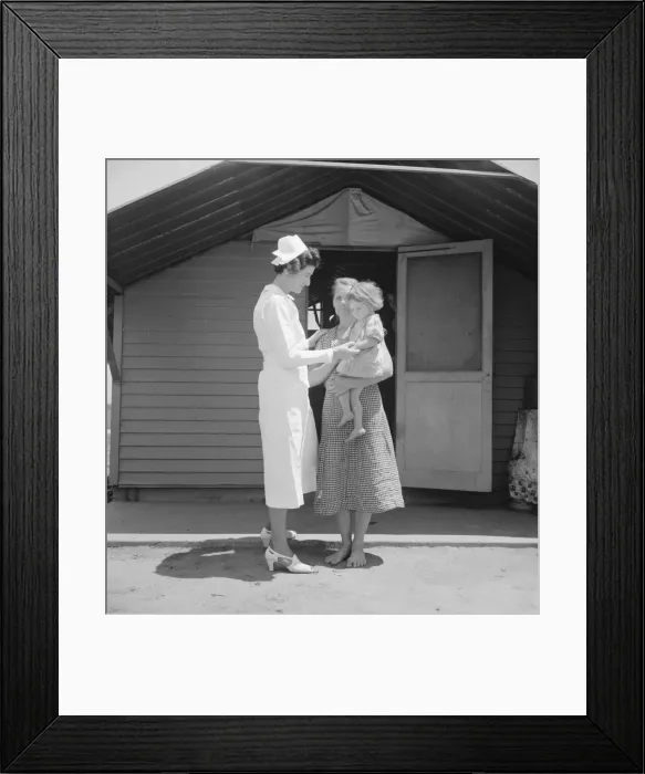 Framed Print : Resident nurse come to visit family, FSA camp, Farmersville, Tulare County, 1939. Creator: Dorothea Lange Framed Print : Resident nurse come to visit family, FSA camp, Farmersville, Tulare County, 1939. Creator: Dorothea Lange