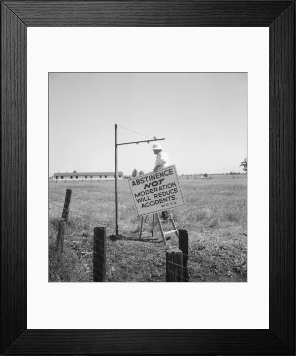 Framed Print : Member of the committee... erects sign on U.S. 99 highway, near Hanford, California, 1939. Creator: Dorothea Lange Framed Print : Member of the committee... erects sign on U.S. 99 highway, near Hanford, California, 1939. Creator: Dorothea Lange