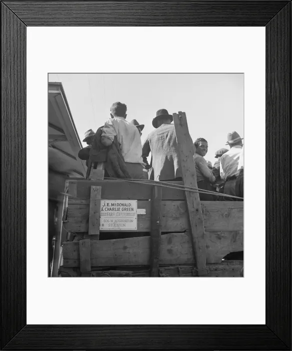 Framed Print : Labor contractors truck with gang of pea pickers pulled up for gas, Westley, California, 1939. Creator: Dorothea Lange Framed Print : Labor contractors truck with gang of pea pickers pulled up for gas, Westley, California, 1939. Creator: Dorothea Lange