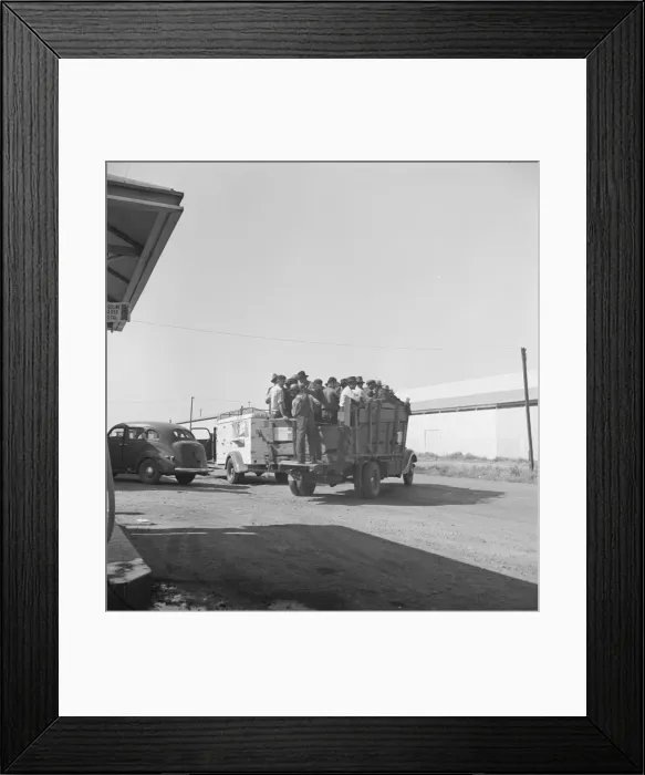 Framed Print : Labor contractors truck with gang of pea pickers pulled up for gas, Westley, California, 1939. Creator: Dorothea Lange Framed Print : Labor contractors truck with gang of pea pickers pulled up for gas, Westley, California, 1939. Creator: Dorothea Lange