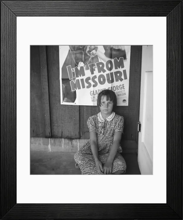 Framed Print : Advertisement for current movie in town, Westley, California, 1939. Creator: Dorothea Lange