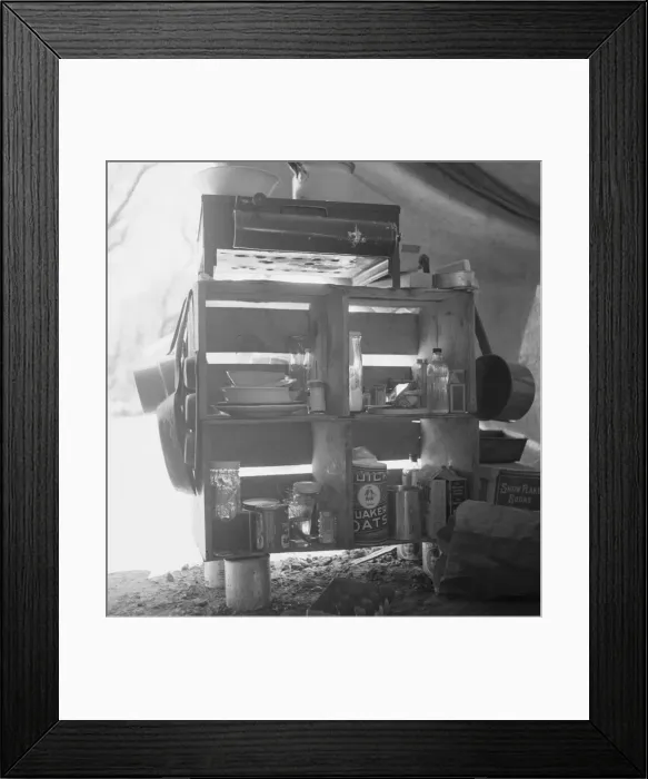 Framed Print : Tent interior in a labor contractors camp, showing household equipment, near Westley, CA, 1939. Creator: Dorothea Lange Framed Print : Tent interior in a labor contractors camp, showing household equipment, near Westley, CA, 1939. Creator: Dorothea Lange